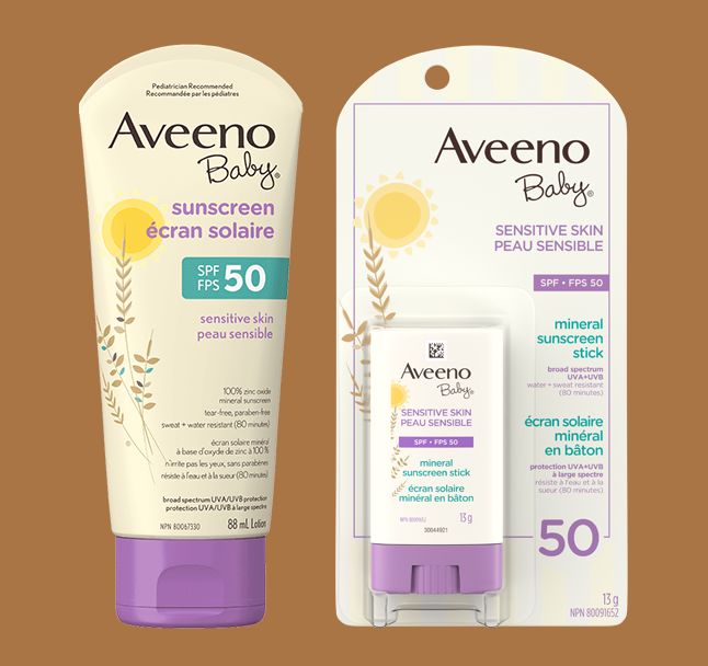 AVEENO® BABY Sensitive Skin Mineral Sunscreen SPF 50, 88ml lotion and 13g stick
