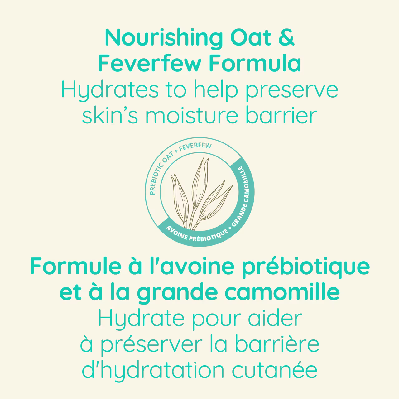 AVEENO® Product claim stating ’Nourishing Oat and Feverfew Formula. Hydrates to help preserve skin’s moisture barrier’ with an oat ears icon