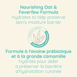Revendication du produit AVEENO® disant « Formule à l'avoine prébiotique et à la grande camomille. Hydrate pour aider à préserver la barrière d'hydratation cutanée. » avec une icone de grains d'avoine