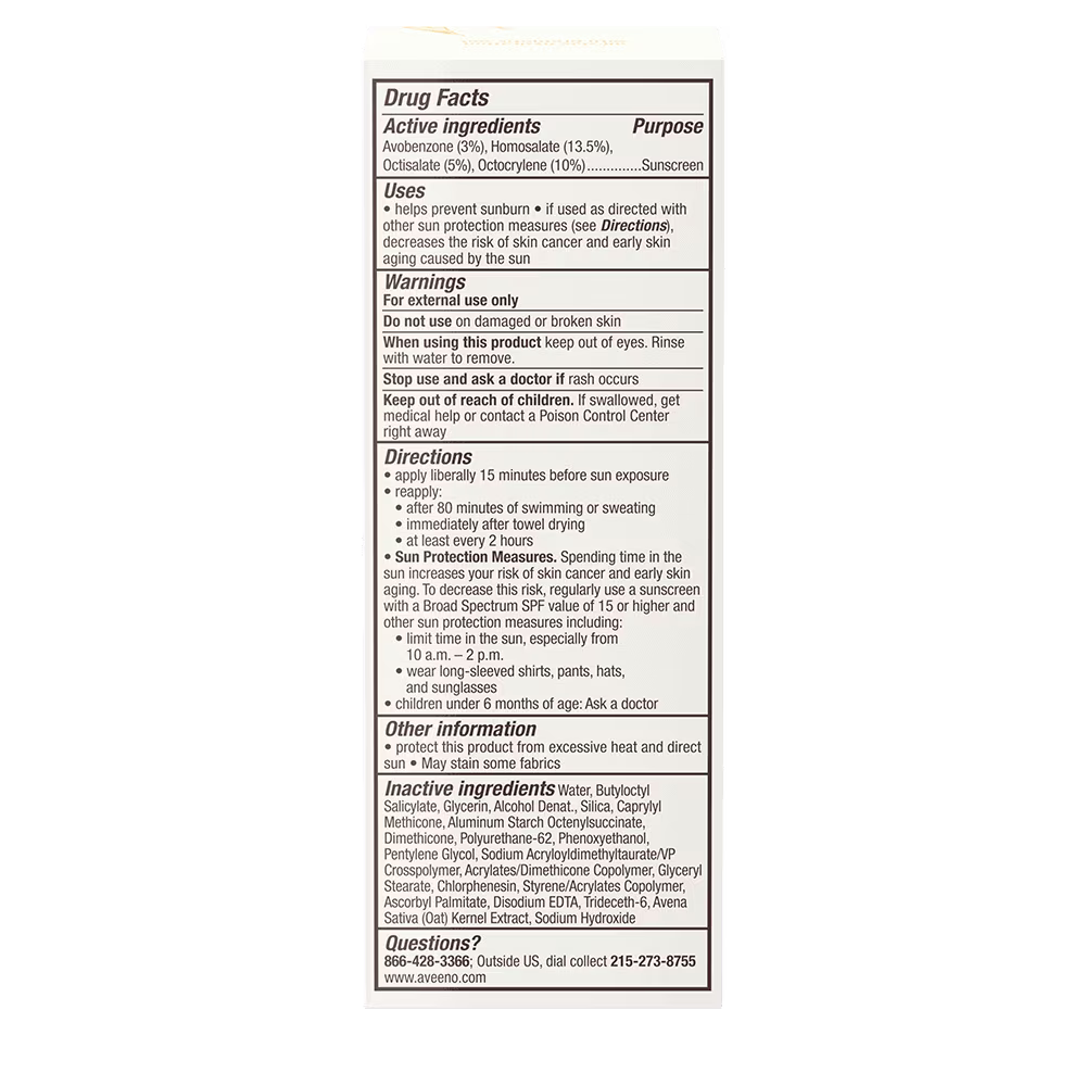 Back of pack shot of Aveeno® Protect + Hydrate Sunscreen Face Lotion Broad Spectrum SPF 60