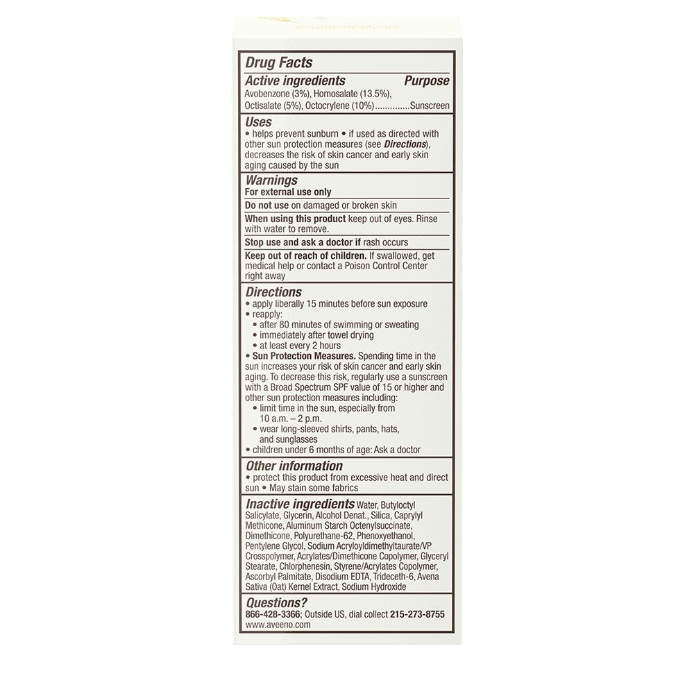 Back of pack shot of Aveeno® Protect + Hydrate Sunscreen Face Lotion Broad Spectrum SPF 60