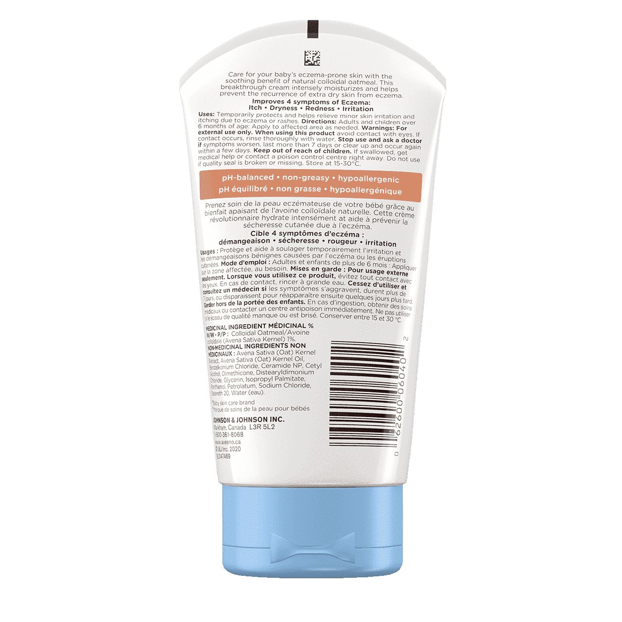 Étiquette arrière du tube de 166 ml de la crème hydratante AVEENO® BABY Soin de l'eczéma, avec avoine colloïdale et céramides 