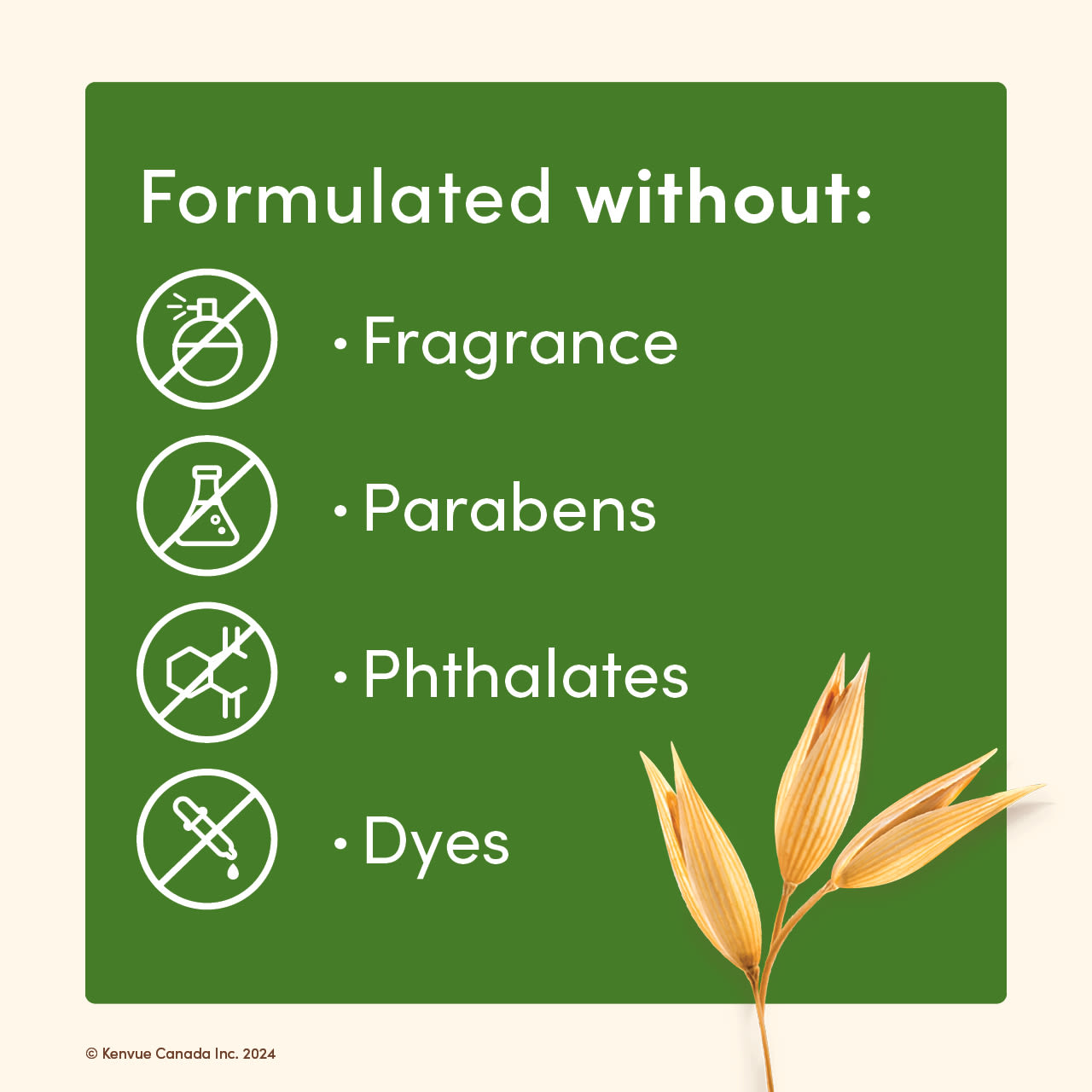 Déclaration indiquant que le produit est exempt de parfum, de parabène, de colorant et de phtalate à côté d’un brin d’avoine