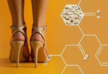 Back view of feet wearing high heels next to oat composition showing benefits of oat on cracked skin