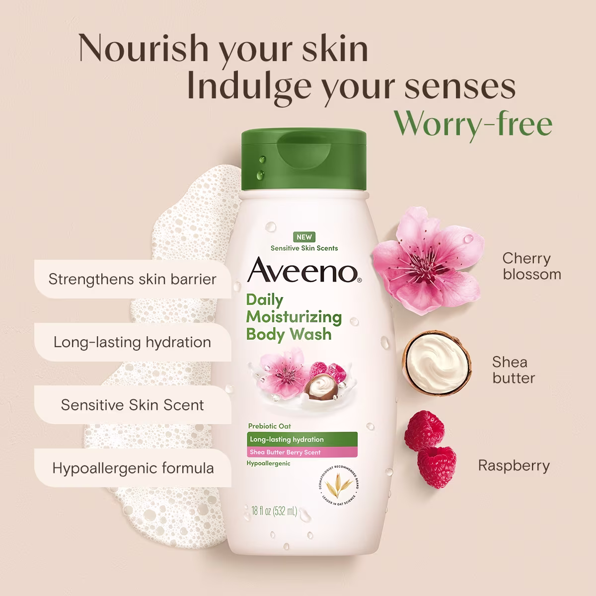 Aveeno® Daily Moisturizing Body Wash, Shea Butter Berry Scent, Sensitive Skin Scents - 3 Aveeno® Daily Moisturizing Shea Butter Berry Body Wash, nourishing your skin indulge your senses