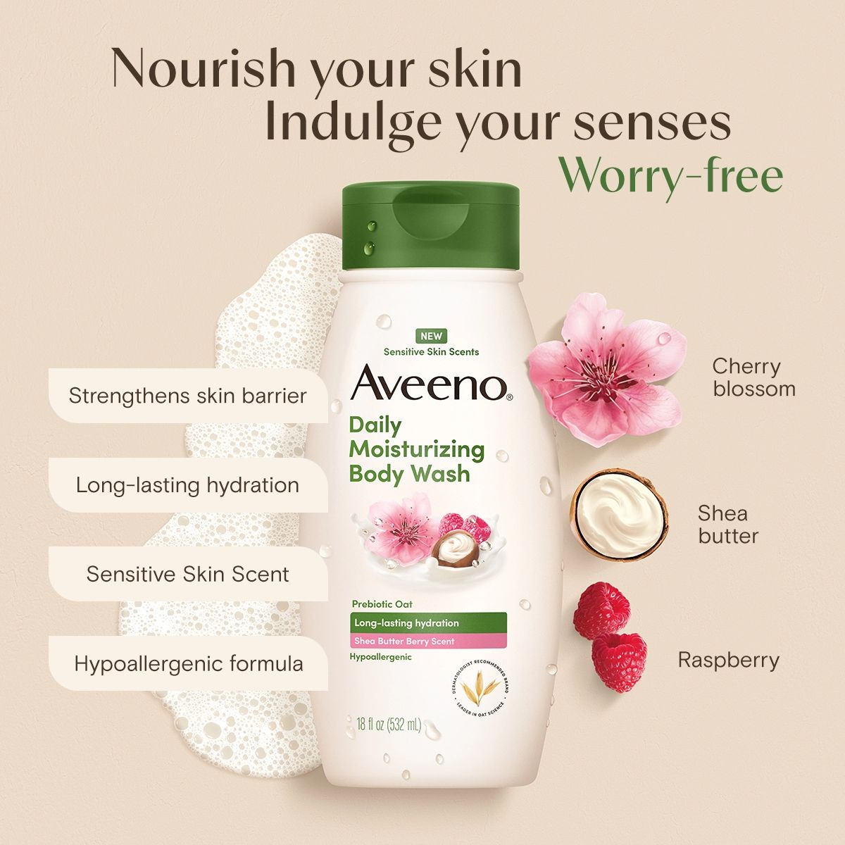 Aveeno® Daily Moisturizing Shea Butter Berry Body Wash, nourishing your skin indulge your senses