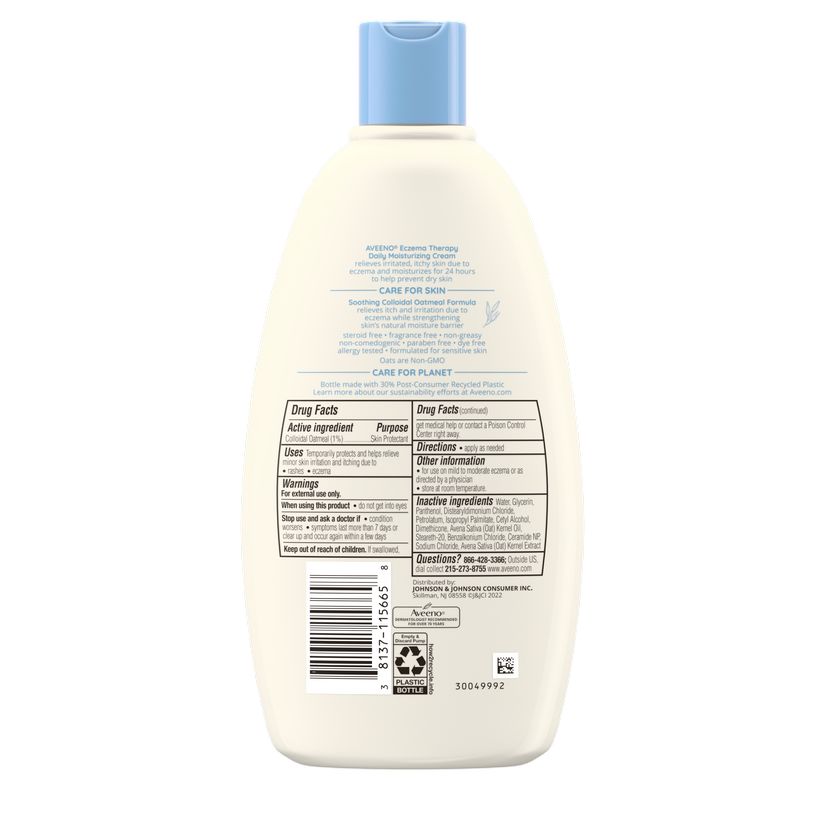 Back of Pack shot of Aveeno® Eczema Therapy Soothing Cream, Steroid-Free