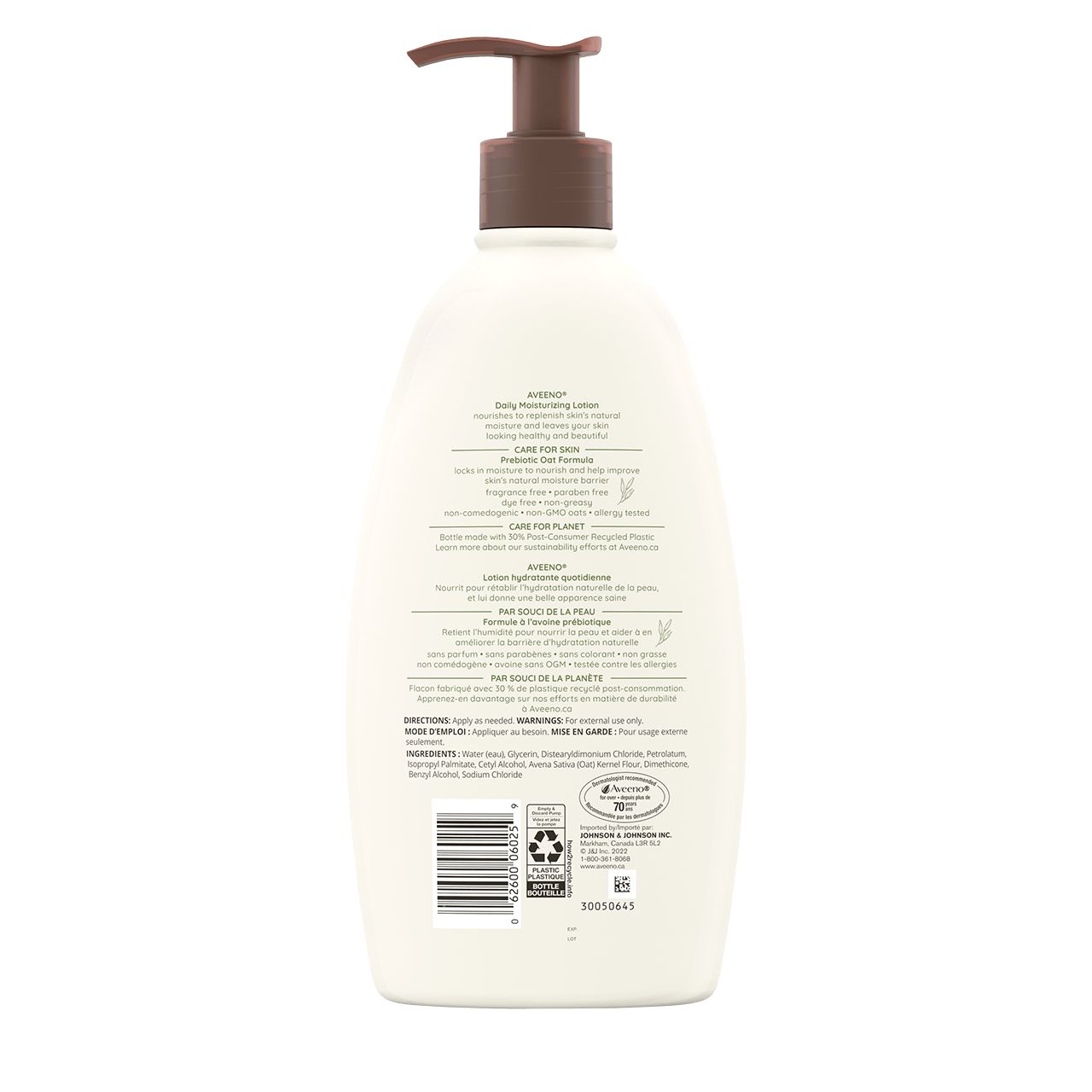 Lotion hydratante quotidienne AVEENO®, panneau arrière du flacon-pompe de 532 ml