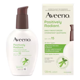 Hydratant quotidien AVEENO® POSITIVELY RADIANT® avec FPS 15, boîte et flacon-pompe de 120 ml