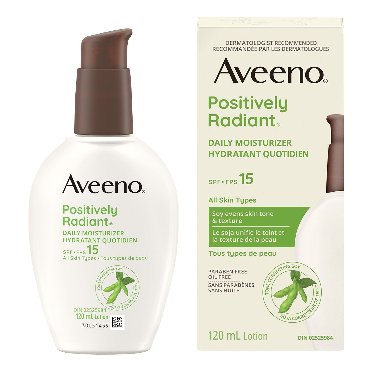 Hydratant quotidien AVEENO® POSITIVELY RADIANT® avec FPS 15, boîte et flacon-pompe de 120 ml