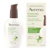 A packet of AVEENO® POSITIVELY RADIANT® Daily Moisturizer with SPF 15, pump bottle 120mL with the package next to it