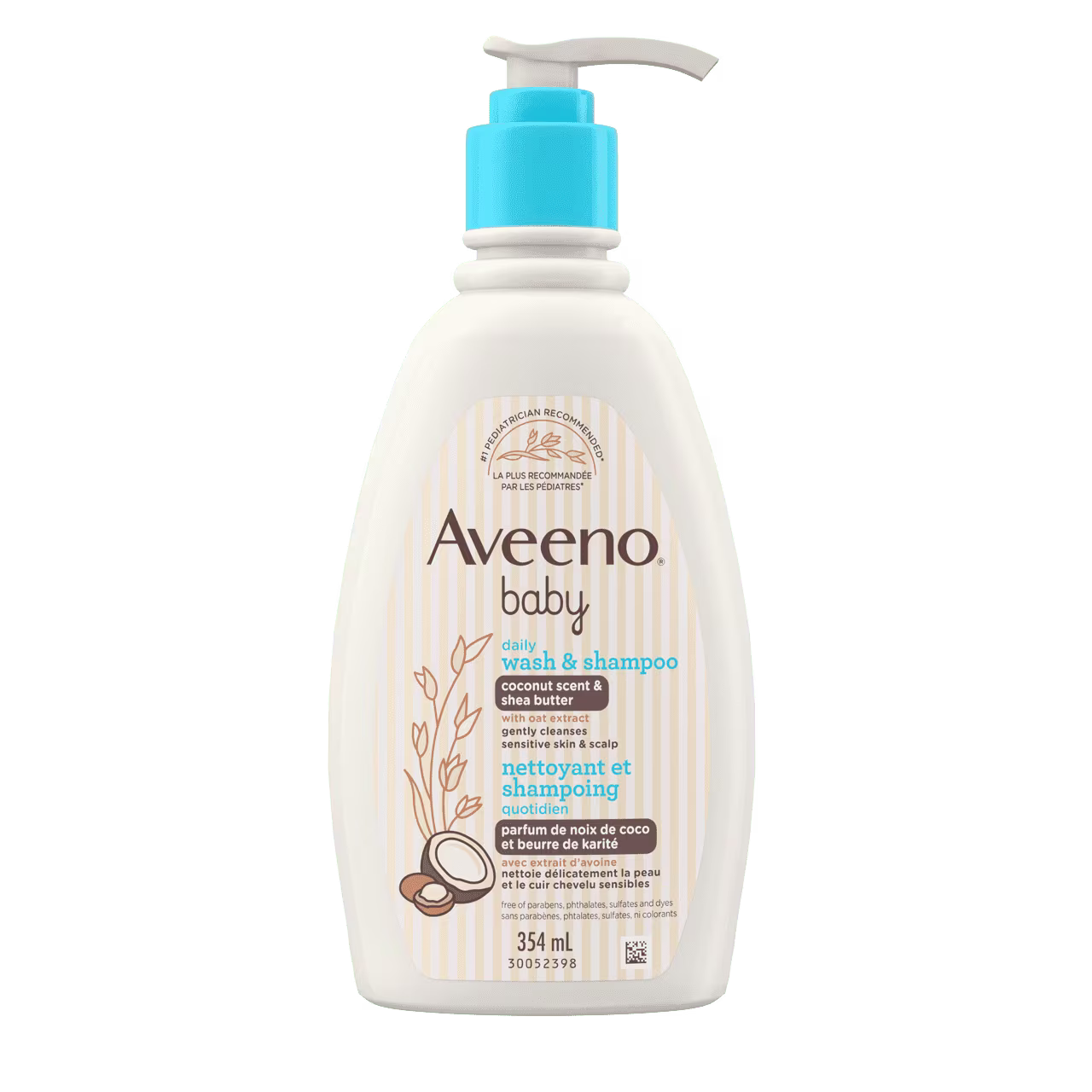 Avant du flacon-pompe de 354 ml du nettoyant et shampoing quotidien AVEENO® Baby, parfum de noix de coco et beurre de karité