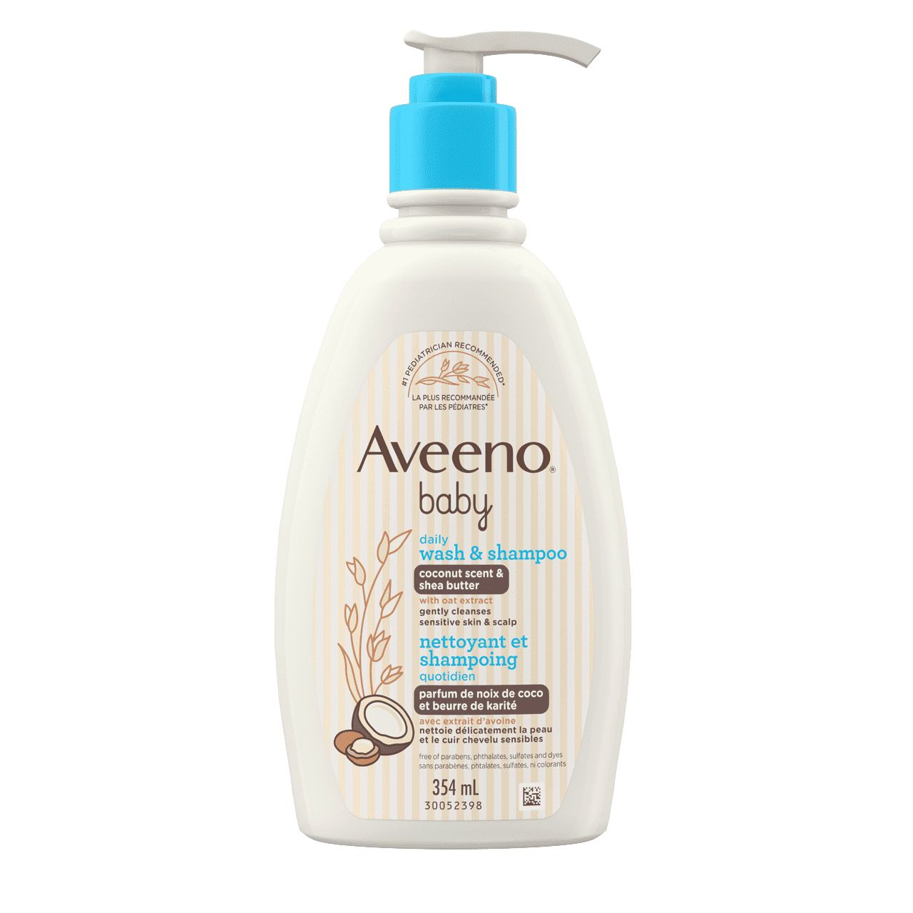 The front shot of AVEENO® Baby Daily Wash & Shampoo with Coconut Scent & Shea Butter, pump bottle, 354 mL