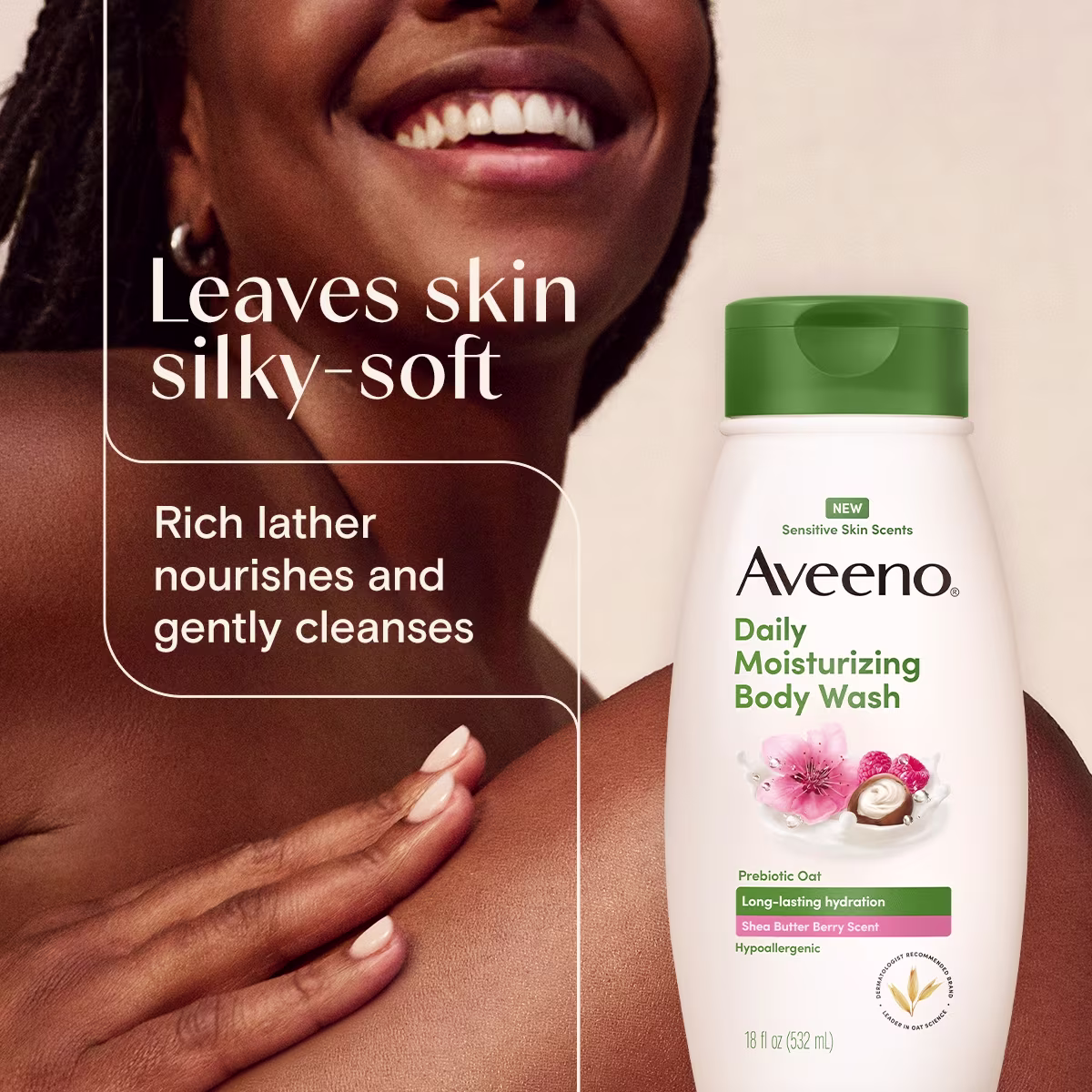 Aveeno® Daily Moisturizing Body Wash, Shea Butter Berry Scent, Sensitive Skin Scents - 5 Aveeno® Shea Butter Berry Body Wash leaves skin silky-soft rich lather nourishes gently cleanses