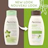 Old and new packaging of AVEENO® Postively Radiant Exfloliating Body Wash, 532mL bottles, with text 'new look'