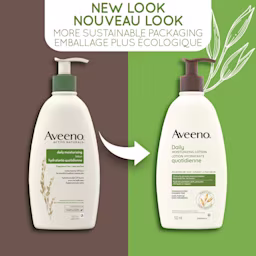 An old and a new packaging of Aveeno Daily Moisturizing Lotion pump bottle, 532mL and a text stating 'New Look, More Sustainable Packaging'