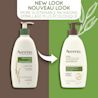 An old and a new packaging of Aveeno Daily Moisturizing Lotion pump bottle, 532mL and a text stating 'New Look, More Sustainable Packaging'