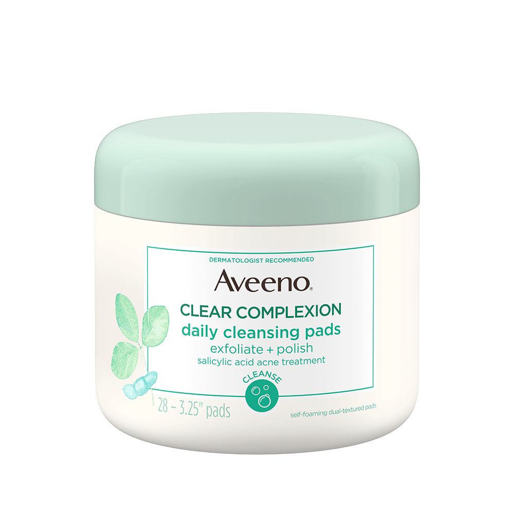 Front pack shot of Aveeno® Clear Complexion daily cleansing pads 28 pads with 3.25''