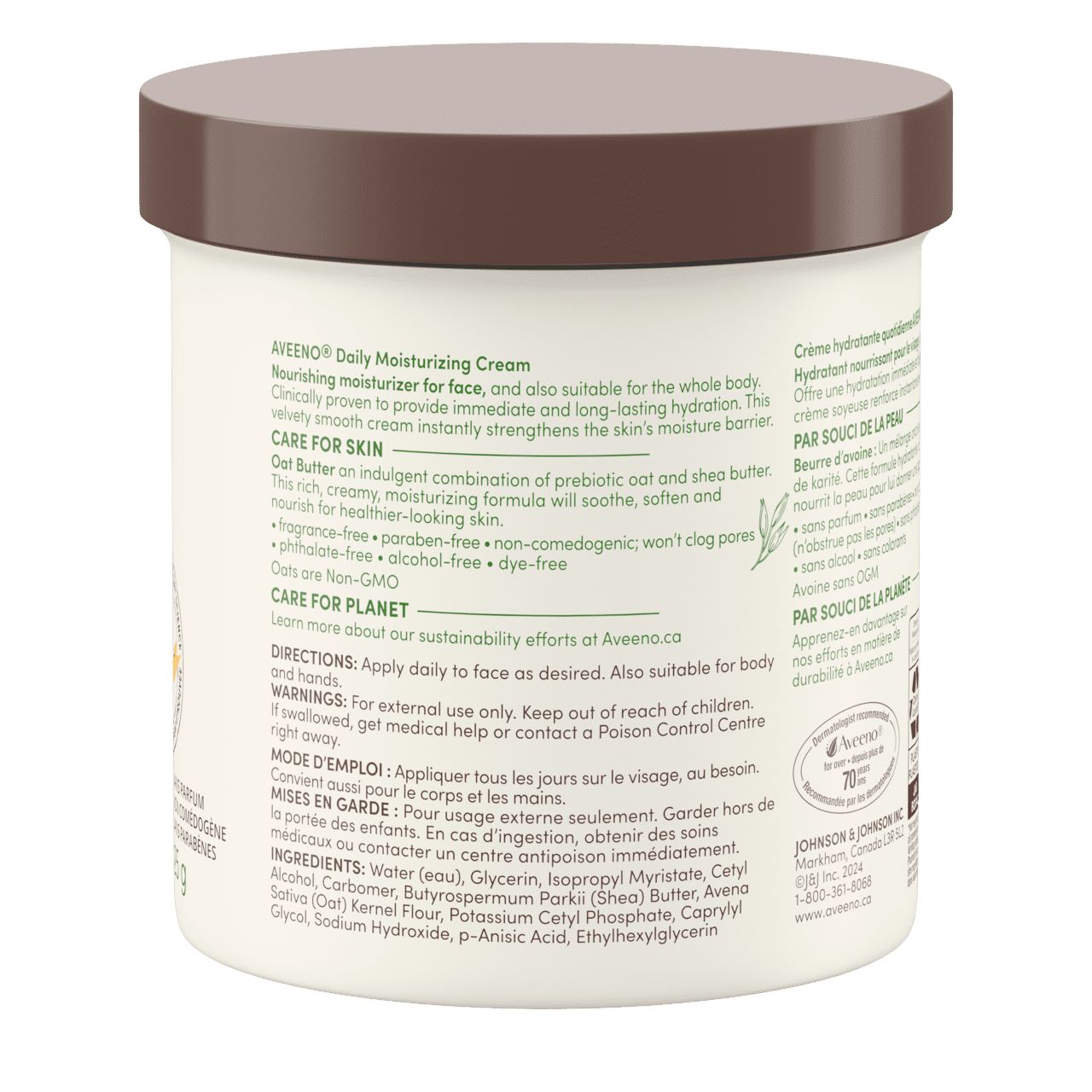 Vue arrière de la crème hydratante quotidienne pour peaux sèches et sensibles AVEENO®, pot de 425 g