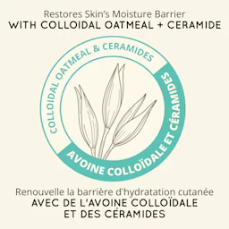 Revendication du baume cutané AVEENO® Calm + Restore  disant « À base d'avoine colloïdale et de céramides, pour réparer et maintenir la barrière d'hydratation cutanée » 