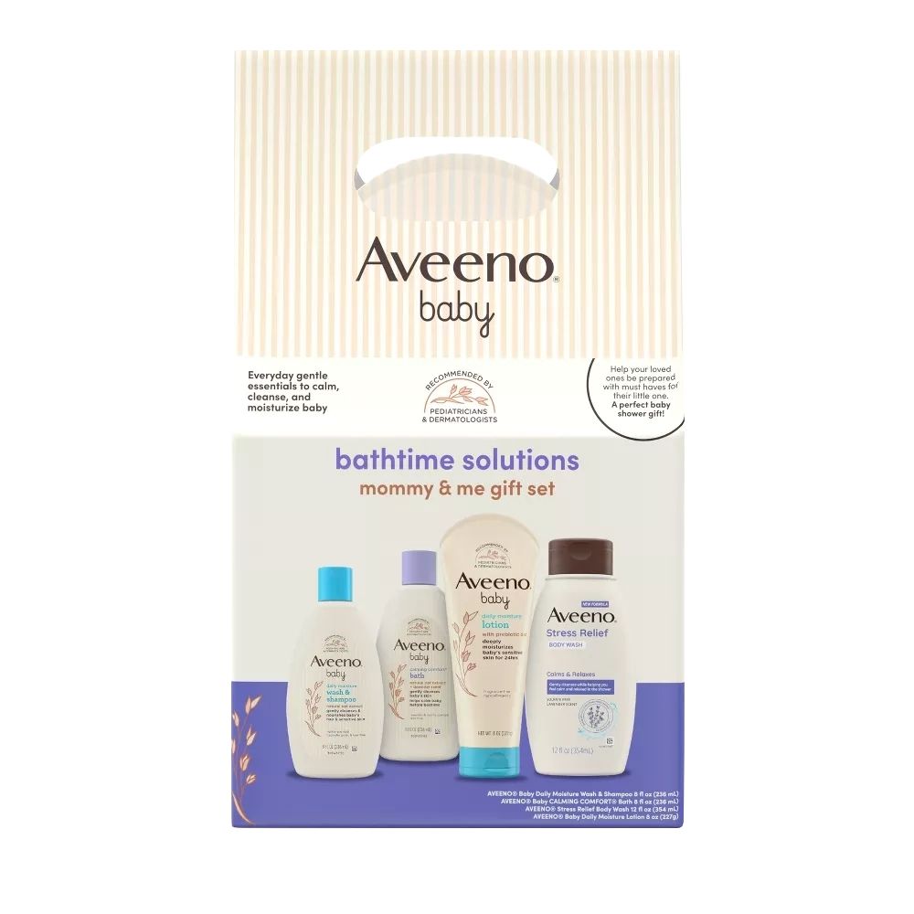Front pack shot of Aveeno® modern Baby Daily Bathtime Solutions Gift Set