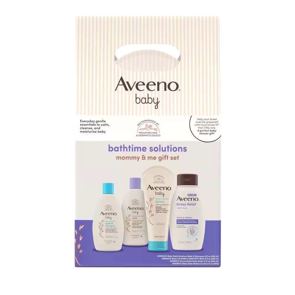 Front pack shot of Aveeno® modern Baby Daily Bathtime Solutions Gift Set