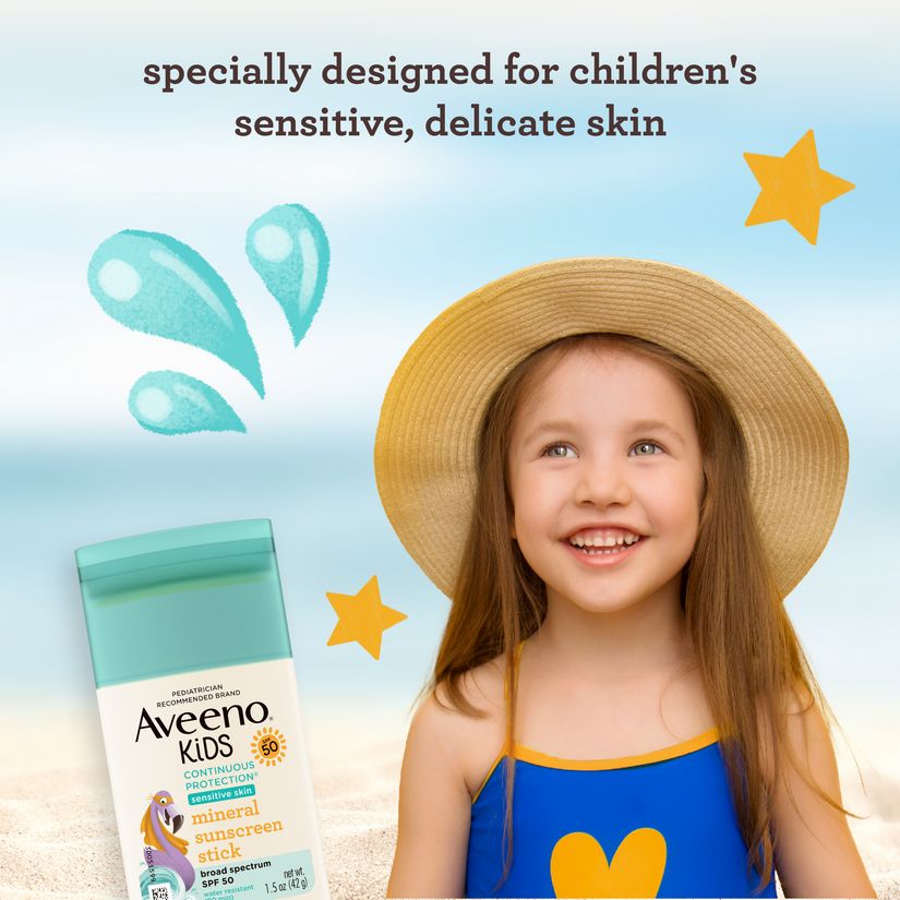Aveeno® Kids mineral sunscreen stick specially designed for children's sensitive, delicate skin