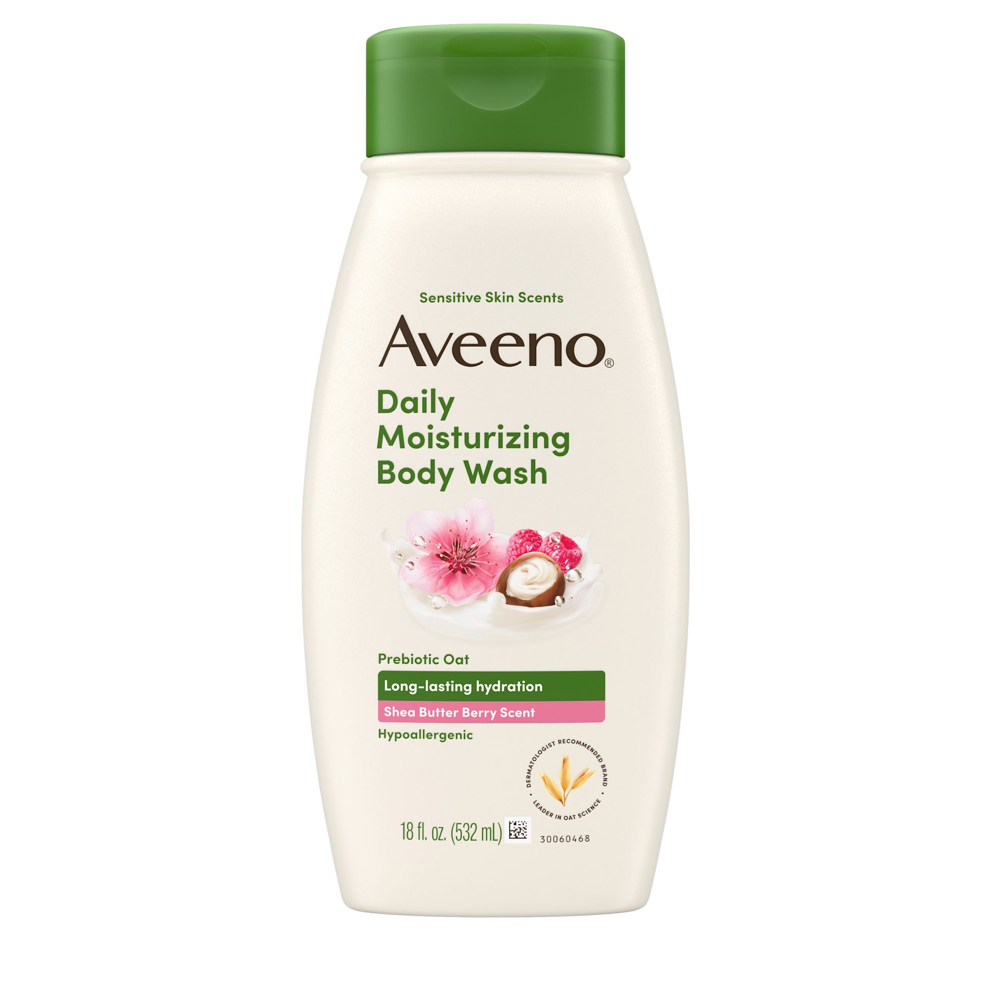 Front pack shot of Aveeno® Daily Moisturizing Body Wash, Shea Butter Berry Scent, Sensitive Skin Scents 18oz
