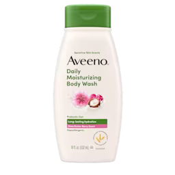 Front pack shot of Aveeno® Daily Moisturizing Body Wash, Shea Butter Berry Scent, Sensitive Skin Scents 18oz Front pack shot of Aveeno® Daily Moisturizing Body Wash, Shea Butter Berry Scent, Sensitive Skin Scents 18oz