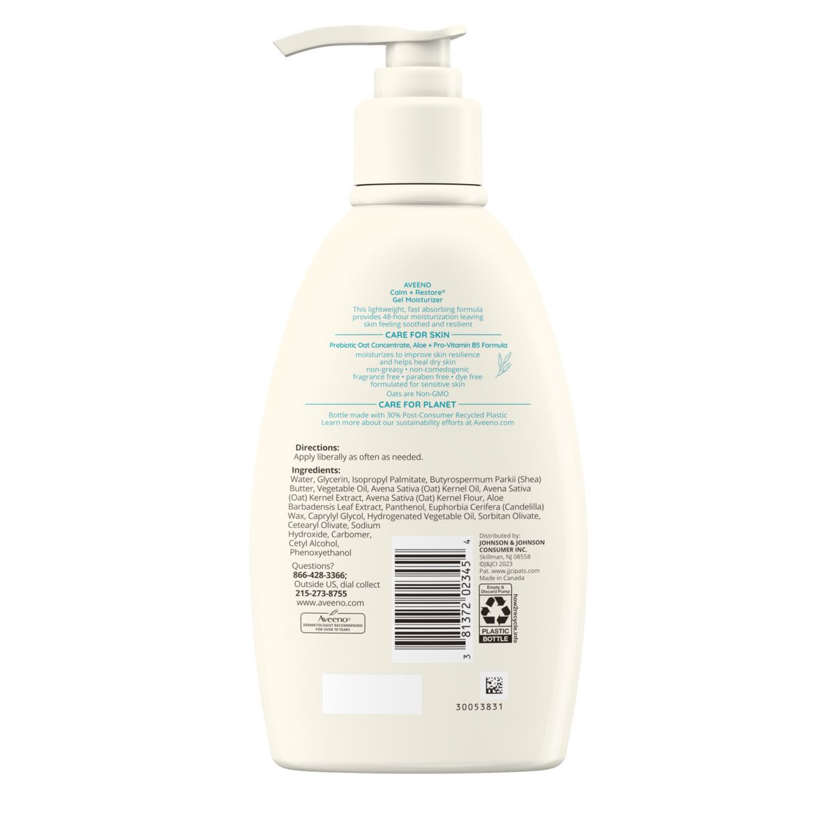 Back of pack shot of Aveeno Calm + Restore® Gel Moisturizer, Skin Soothing, 12 oz