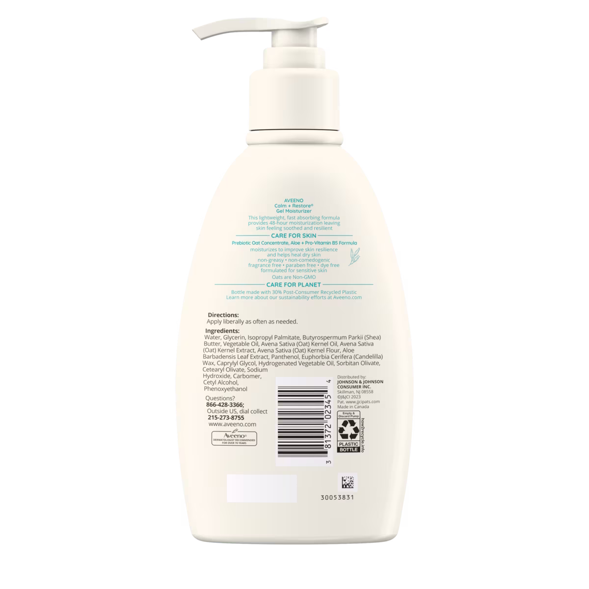 Back of pack shot of Aveeno Calm + Restore® Gel Moisturizer, Skin Soothing, 12 oz