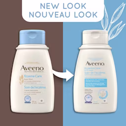 Old and new packaging of AVEENO® Eczema Care Body Wash, 295 mL bottles, with text 'new look'
