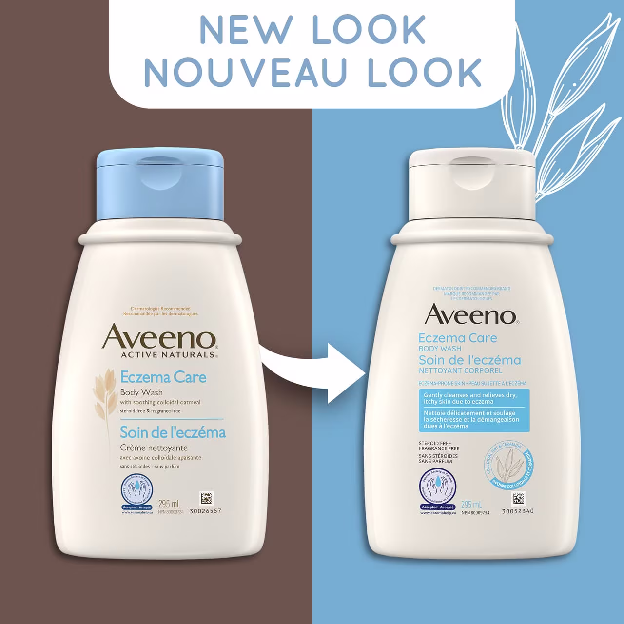 Ancien et nouvel emballage du flacon de 295 ml du nettoyant corporel AVEENO® Soin de l'eczéma, avec la mention "nouveau look"
