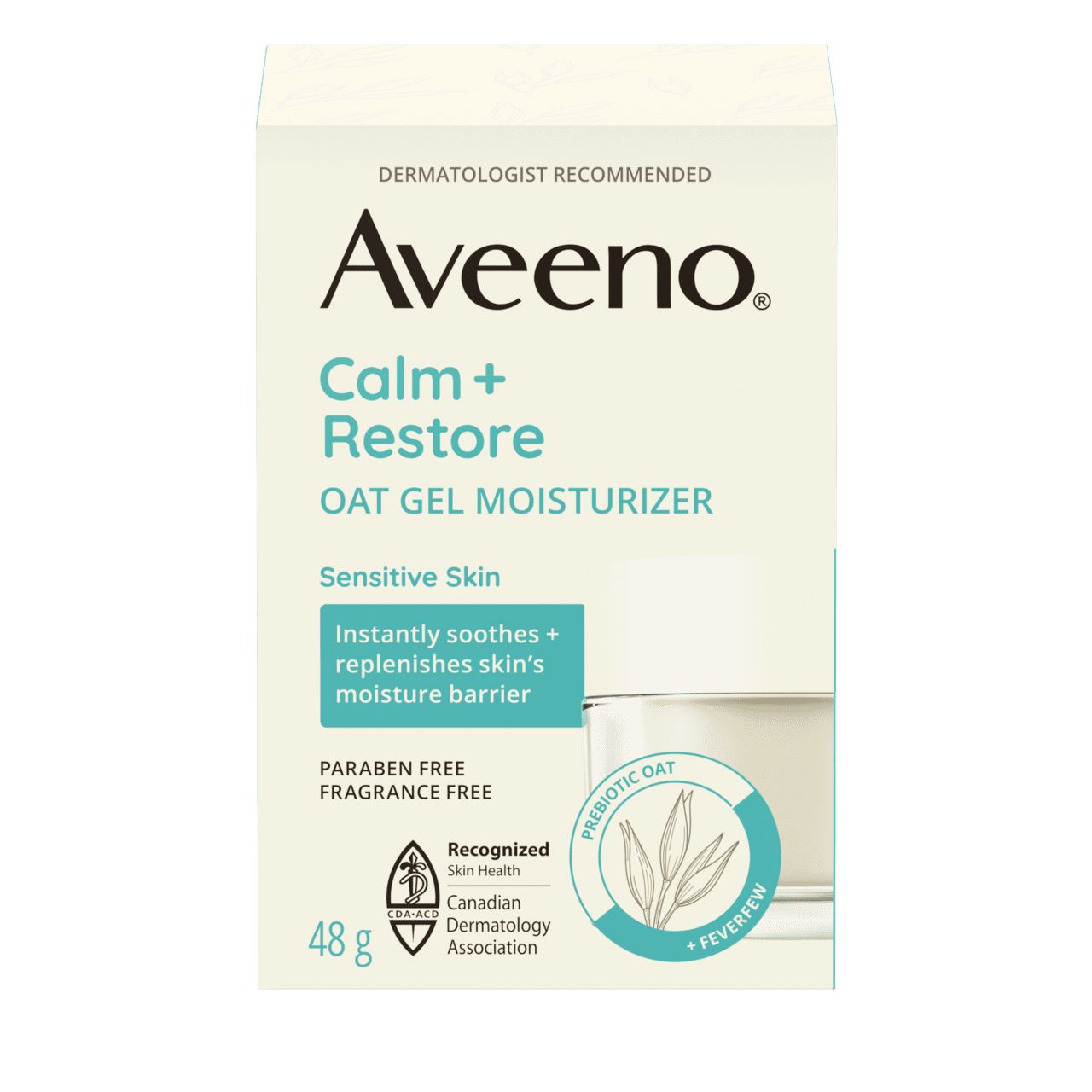 English side of packaging for AVEENO® Calm + Restore Oat Gel Moisturizer 