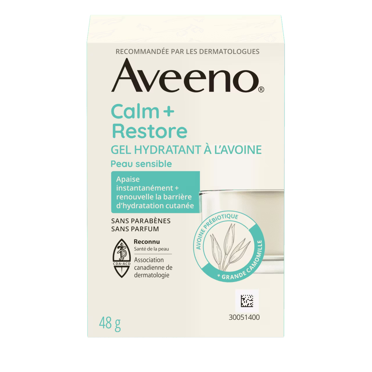 Panneau français de la boîte du gel hydratant à l'avoine AVEENO® Calm + Restore