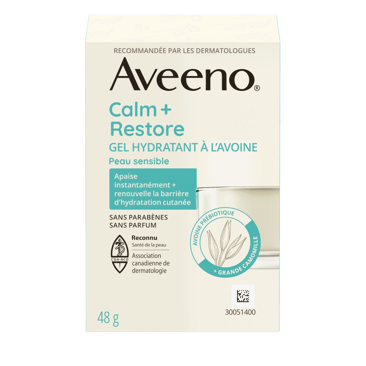 Panneau français de la boîte du gel hydratant à l'avoine AVEENO® Calm + Restore