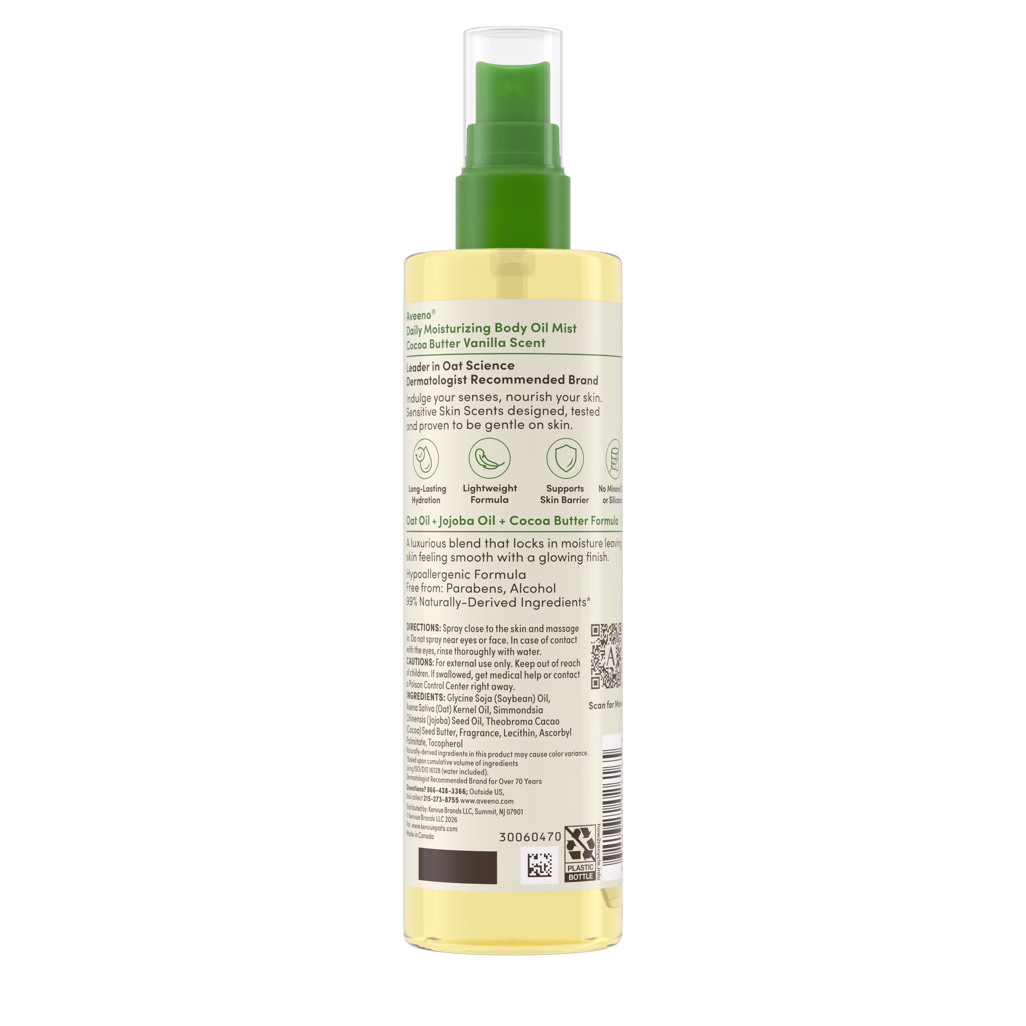 Back pack shot of Aveeno® Daily Moisturizing Body Oil Mist, Cocoa Butter Vanilla Scent 6.7oz
