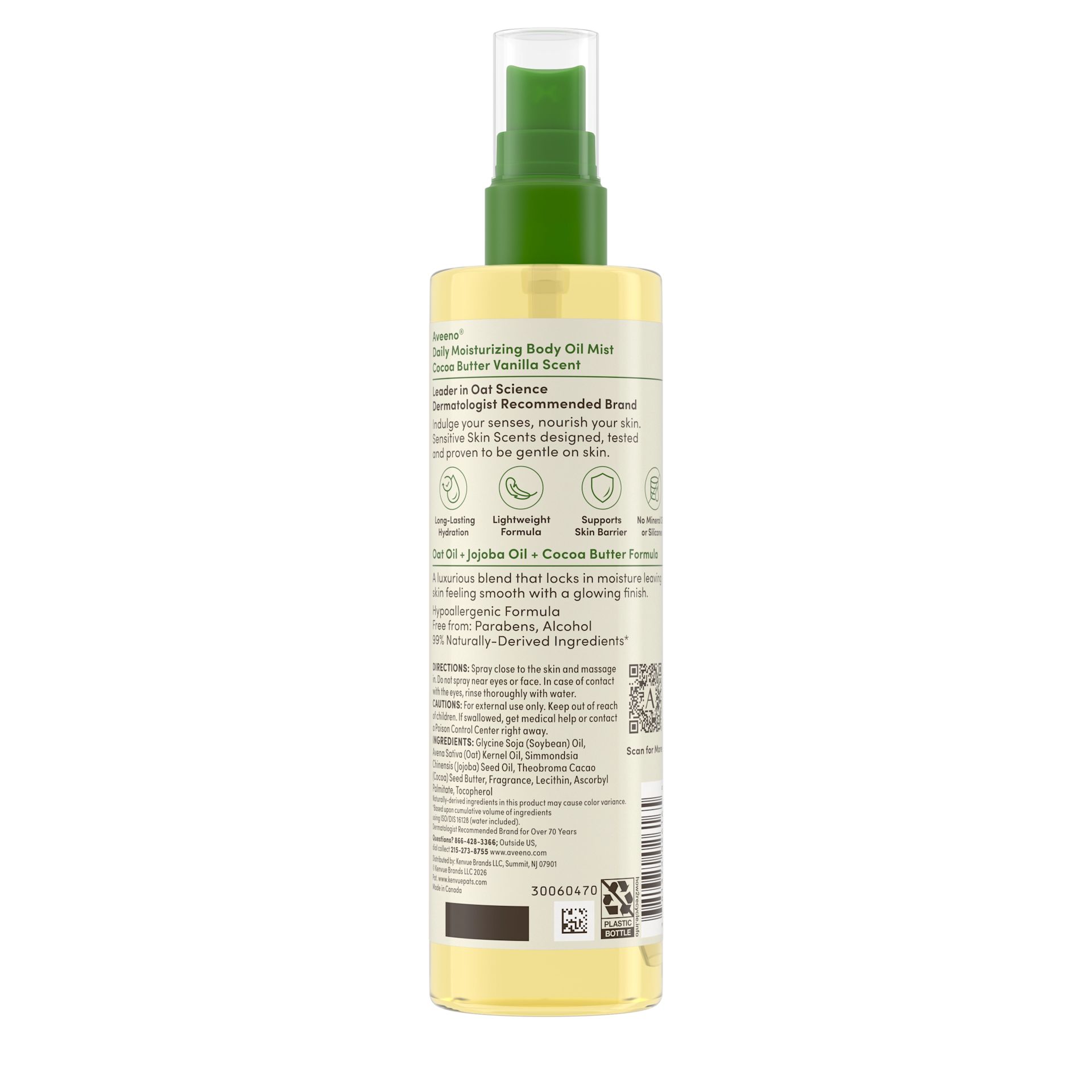 Back pack shot of Aveeno® Daily Moisturizing Body Oil Mist, Cocoa Butter Vanilla Scent 6.7oz