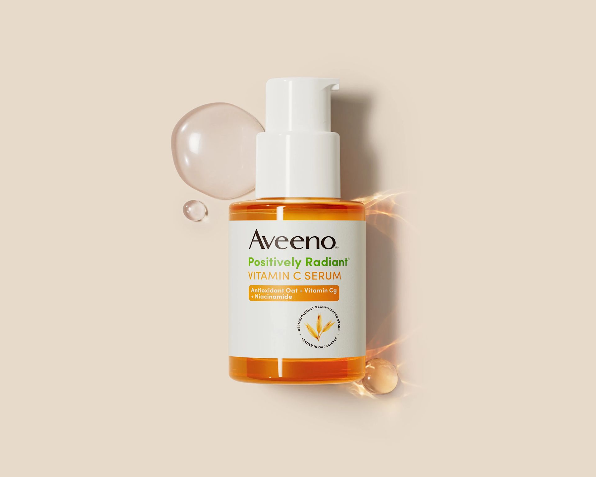 Aveeno® Positively Radiant® Vitamin C Serum and texture highlight packshot