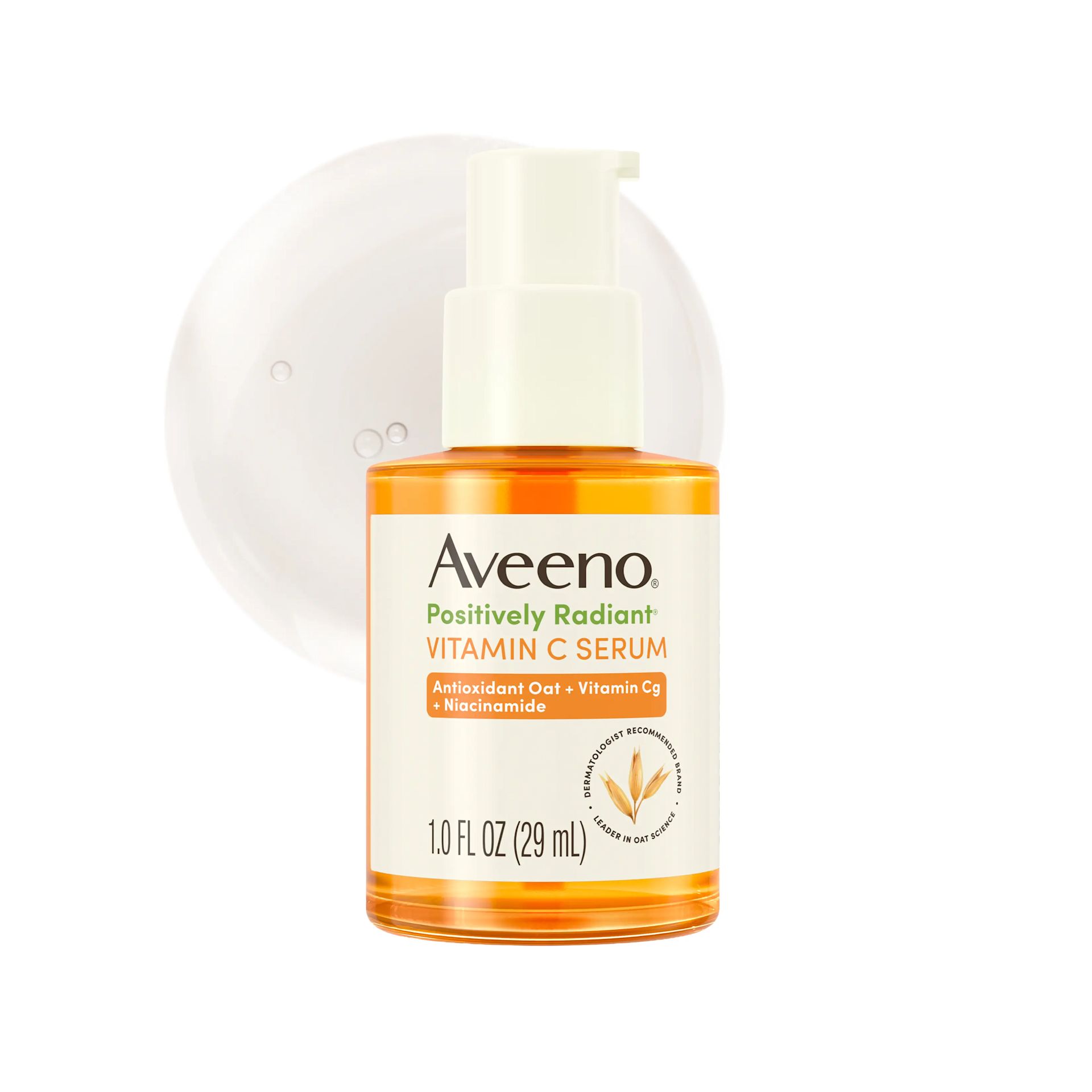  Bottle and texture of Aveeno® Positively Radiant® Vitamin C Serum 1oz