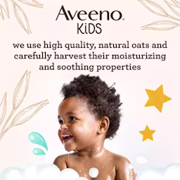 Aveeno® Kids banner with a kid with coily hair smiling and some text highlighting the product line