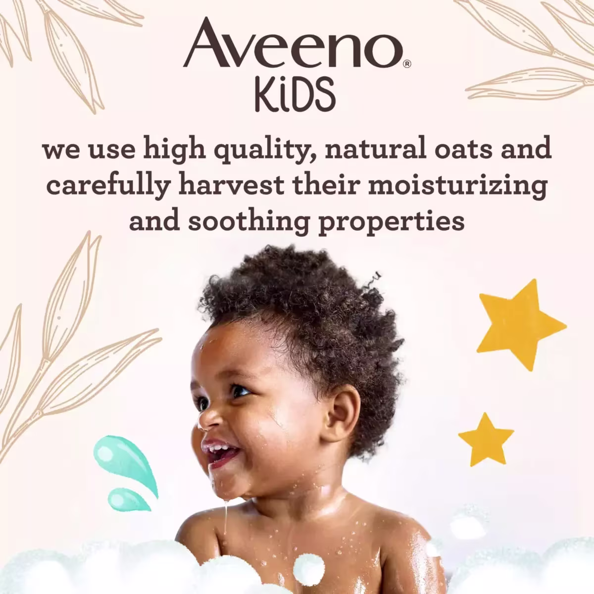 Aveeno® Kids banner with a kid with coily hair smiling and some text highlighting the product line