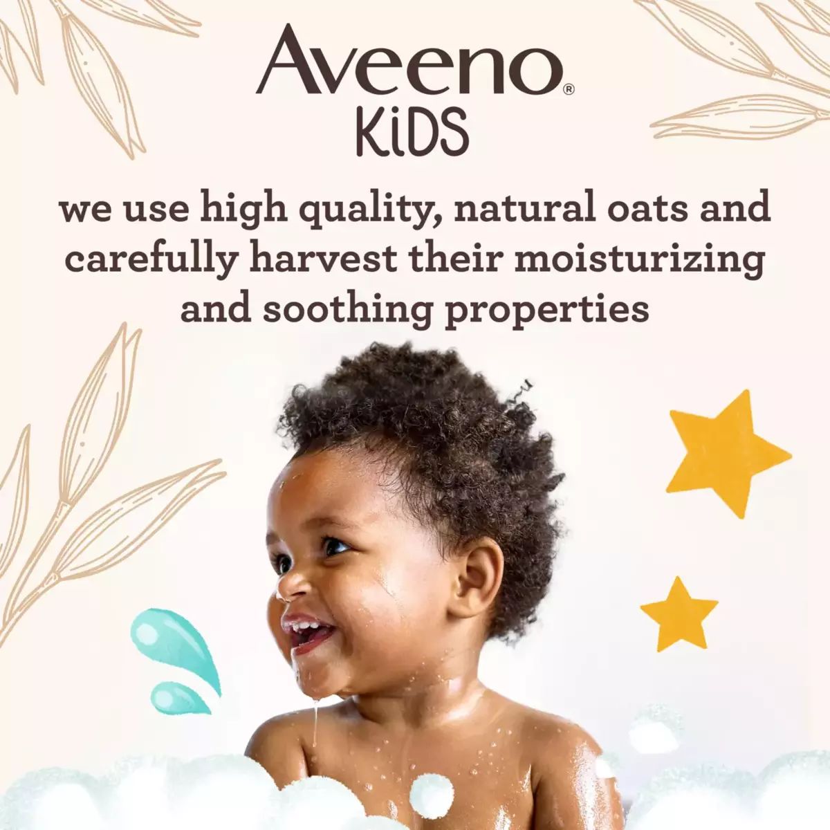 Aveeno® Kids banner with a kid with coily hair smiling and some text highlighting the product line
