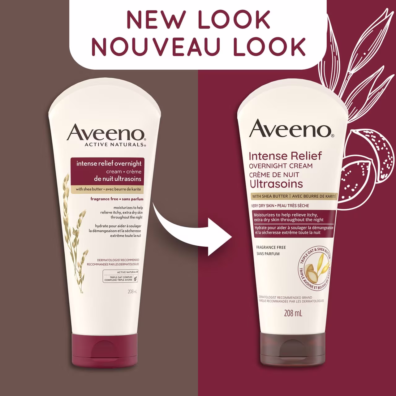 Ancien et nouvel emballage du tube de 208 ml de la crème de nuit Ultrasoins AVEENO®, avec la mention "nouveau look"
