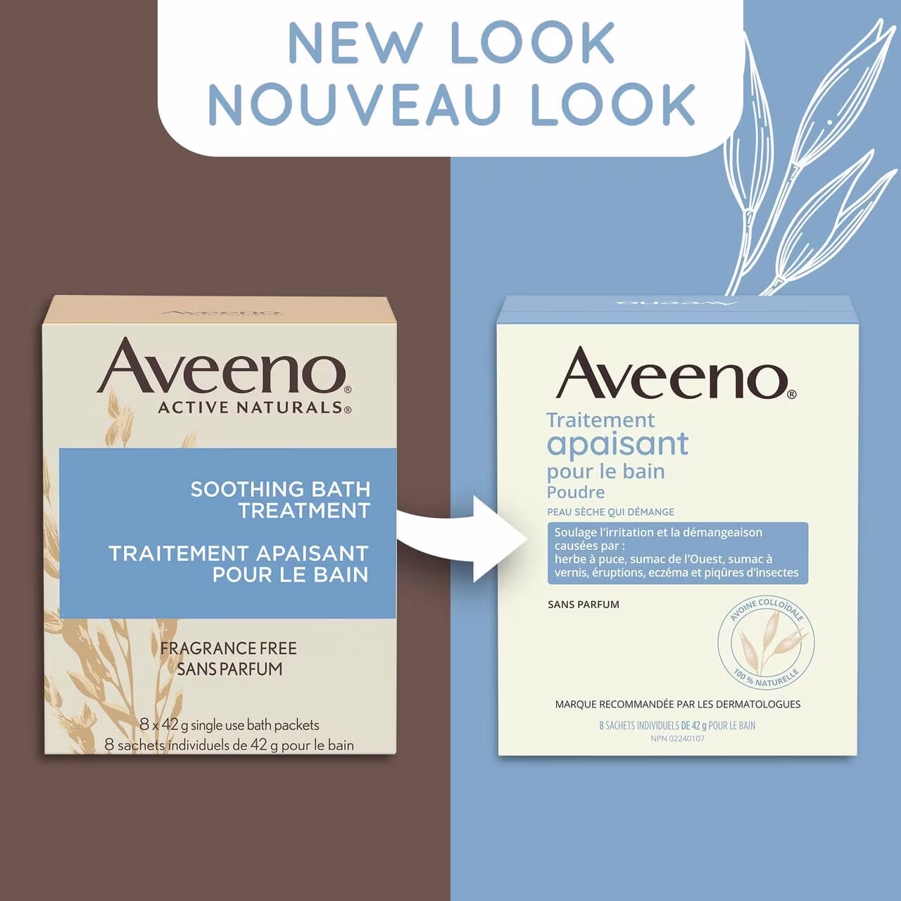 Ancien et nouvel emballage de la boîte de 8 x 42 g du traitement apaisant pour le bain AVEENO®, avec la mention "nouveau look"