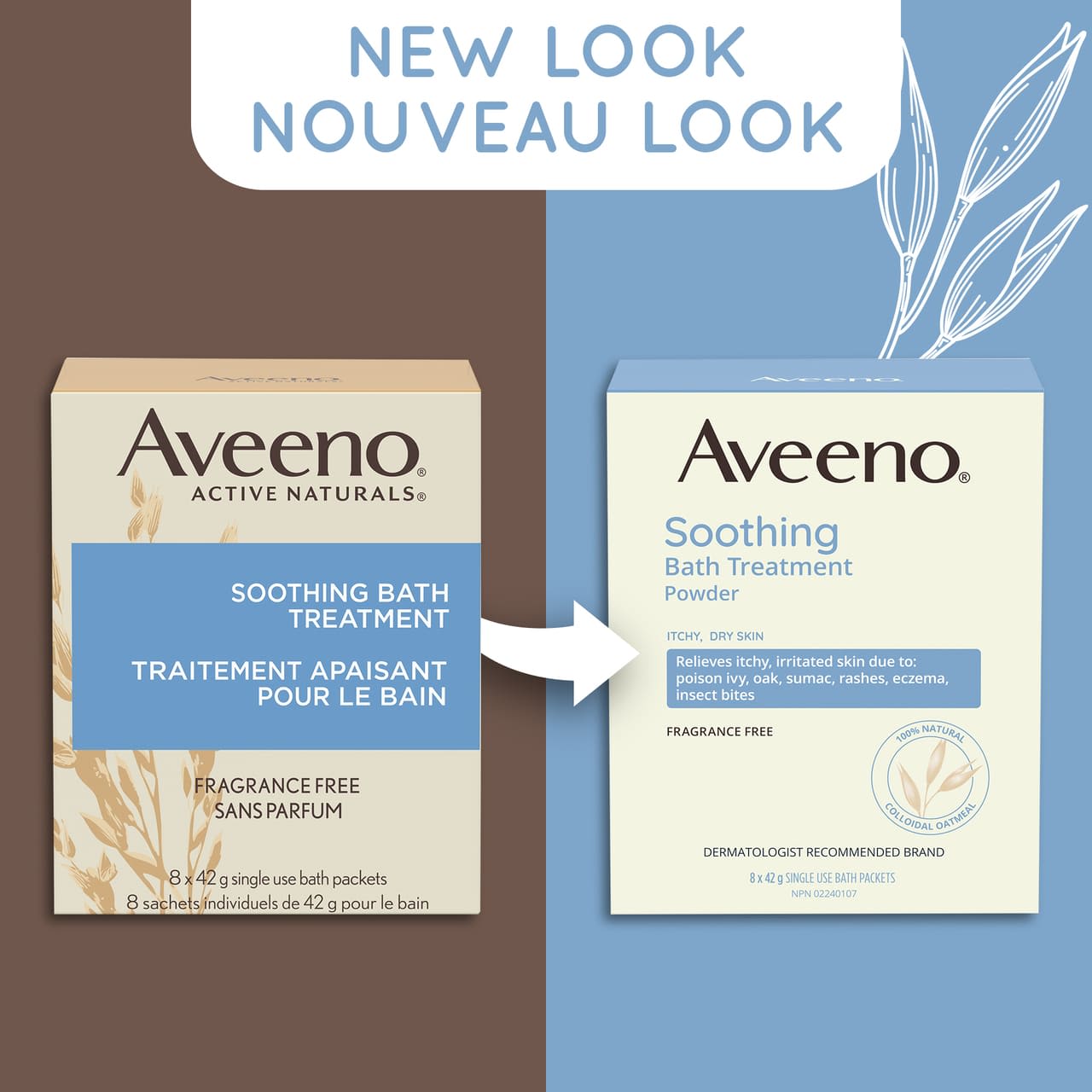 Ancien et nouvel emballage de la boîte de 8 x 42 g du traitement apaisant pour le bain AVEENO®, avec la mention "nouveau look"