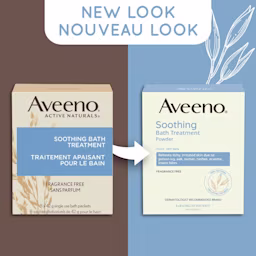 New and old packaging of AVEENO® Soothing Bath Treatment,  8 x 42g each with a text stating 'New Look'