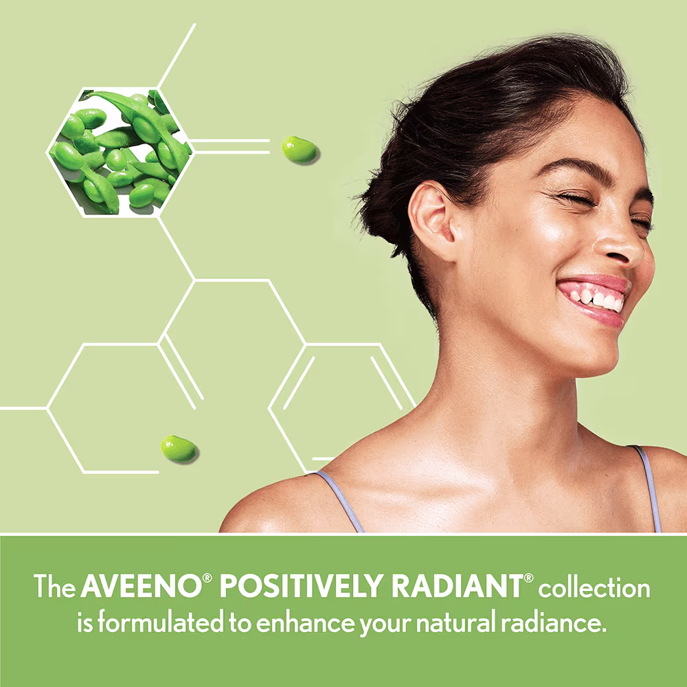 Woman smiling with graphic background showing Aveeno® Positively Radiant is formulated for radiance