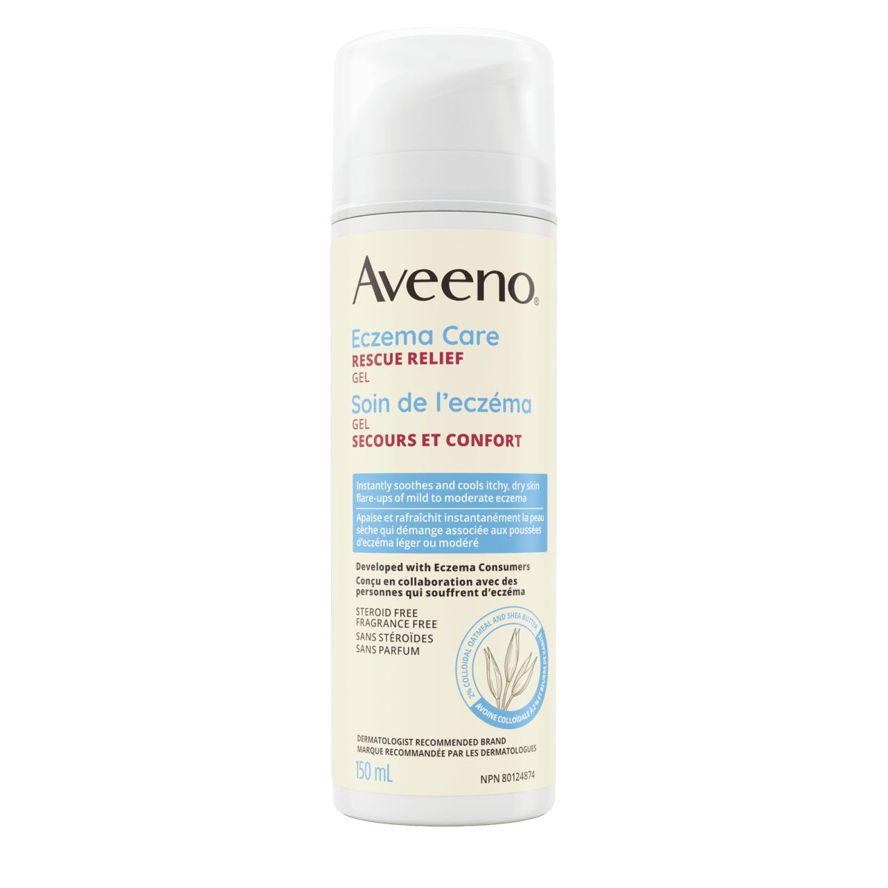 Avant du flacon-pompe de 150 ml du gel secours et confort Aveeno® Soin de l’eczéma