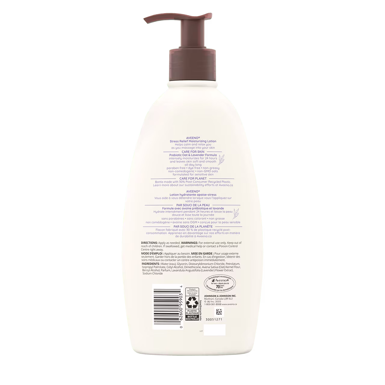 AVEENO® Stress Relief Body Lotion back label, pump bottle, 532 ml